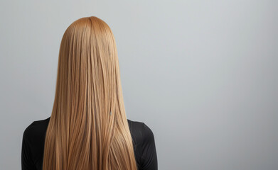 Fototapeta premium Back view of a woman with long, straight blonde hair.