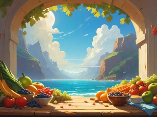 Vegetables on the table with tropical background