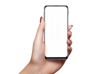Close Up of Person Holding Mobile Phone with Blank White in Hand PNG Isolated on Transparent Background