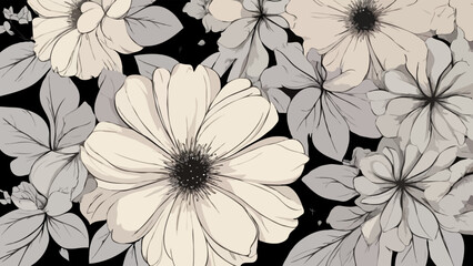 Simple monochrome two-color seamless pattern with flowers silhouette
