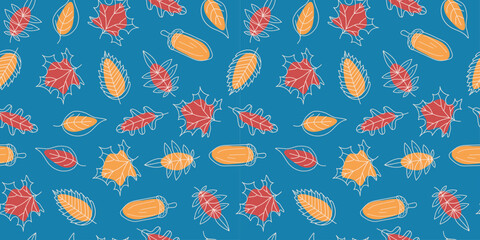 Set of autumn leaves and acorns. Leaf fall pattern, natural linear icons. Autumn season. Drawing, doodles. Vector seamless background.