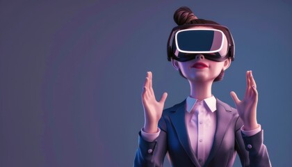 Businesswoman Experiencing Virtual Reality With Hands Up Against Blue Background