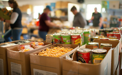 Boxes of canned goods and packaged food items in a busy community food bank.