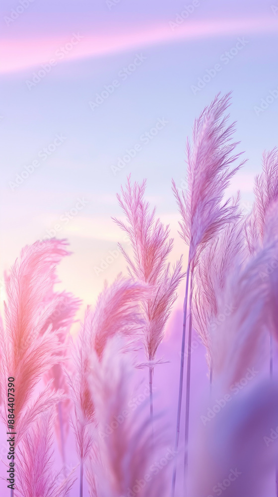 Wall mural pink pampas grass swaying gently against a pastel-colored sky during sunset.