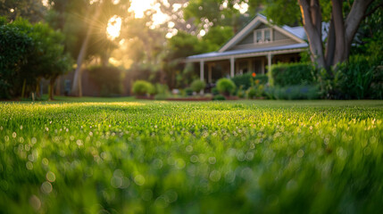 Fototapeta premium Dew-covered green grass in a suburban backyard with sunlight shining through.