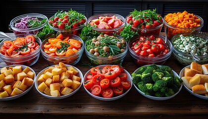 High angle view of buffet breakfast at hotel restaurant,  Healthy food, vegetables in different trays