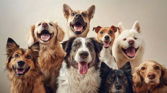 A group of different dogs smiling at the camera.