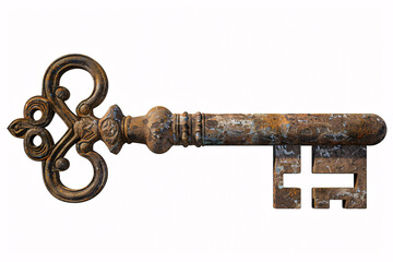 A close-up of a vintage rusty key with a detailed and intricate design against a white background emphasizing its historic charm