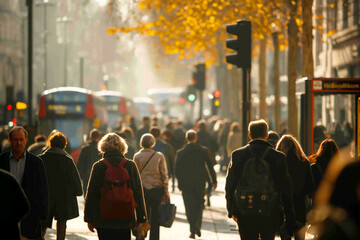 Obraz premium People are busy, rushing, going to work in the morning. Sunset Boulevard Crowdscape. Golden Hour Commute on Busy City Street. Urban Commuter in Bustling Cityscape.