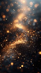 Obraz premium Banner, Shiny shining dark and gold sparkles macro photo and blurred bokeh, background for Christmas, birthday and new year