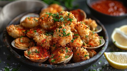 Fototapeta premium Delicious Fried Clams in a Black Bowl