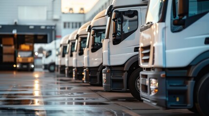 Fleet of logistics trucks parked at a distribution center.