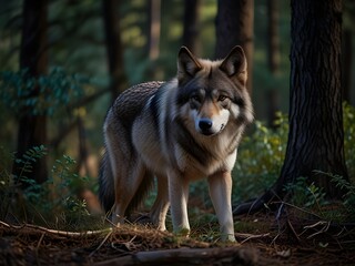 Un lobo entre los arbustos en el bosque