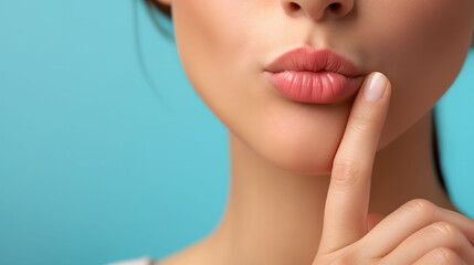 Fototapeta premium Mysterious Woman Gesturing Silence with Finger on Lips