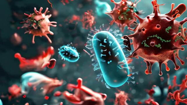 Nanorobots attack bacteria in cells. Biological robots are introduced into the affected cell, future technologies