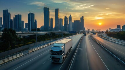 Naklejka premium Logistics truck driving on a highway with a city skyline in the background.