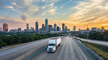 Logistics truck driving on a highway with a city skyline in the background.