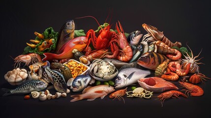 Delicious Selection of fresh lobster, shrimp, fish, oyster, squid and crab with lemon and ice cubes