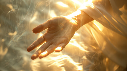 An outstretched hand bathed in warm, ethereal sunlight suggesting spirituality or divine invitation.