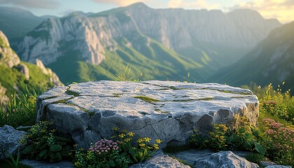 Stone podium on the background of picturesque snowy mountains, mockup for product presentation
