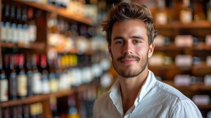 Naklejka premium The seller is a handsome man, 25 years old, in a craft modern wine store; confident, dressed in a stylish ironed white shirt,