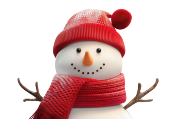 Close-Up of Snowman in Red Hat and Scarf PNG Isolated on Transparent Background