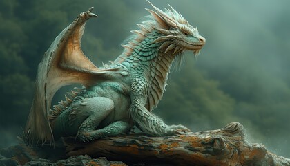 Obraz premium A real dragon is sitting on a snag, driftwood on a natural background of nature, space for text