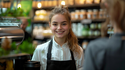 A beautiful European girl, happy and confident, 23 years old, selling craft coffee and tea, dressed in a stylish new white shirt and a black apron, with a stylish haircut, is selli