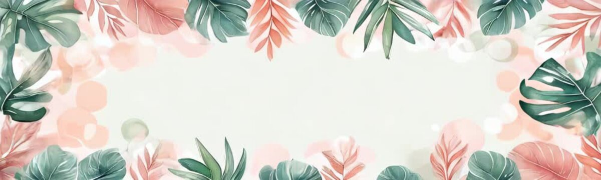 Tropical leaf frame against bokeh background. Summer leaf frame. Tropical summer plants Leaves, flowers border frame animation with a copy space area animation. Web banner