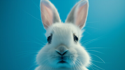 Fototapeta premium White rabbit with an open mouth against a blue background.