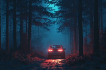 Vehicle with glowing taillights stands amidst a mystical foggy forest under a twilight sky