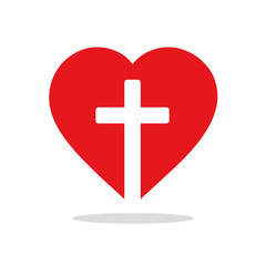 Heart icon. Red heart containing a white cross, symbolizing the christian faith and love. Vector illustration