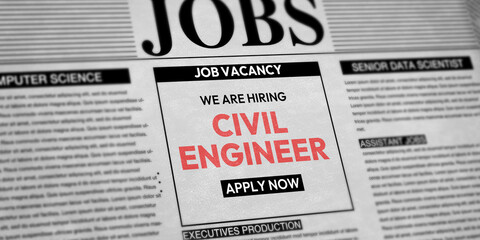 Civil Engineer hiring typography in old paper style background. Civil engineer job wiht apply button on newspaper, backdrop