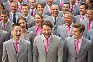 A large group of laughing people wearing the same clothes.