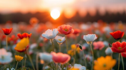Naklejka premium Sunset over a field of diverse and colorful flowers, capturing the beauty of nature's palette in a stunning landscape scene, focus cover all object, deep dept of field