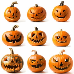 set of different carved halloween pumpkins, isolated on white background, studio shot