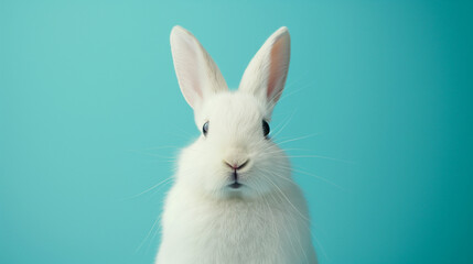 Obraz premium White rabbit with a blue background looking inquisitive.