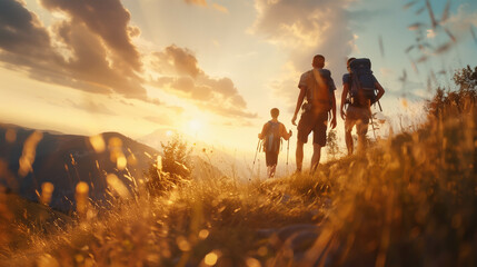 A candid photo of friends hiking together in the mountains in the vacation trip week. Sunlight reflecting in the grass Generative Ai