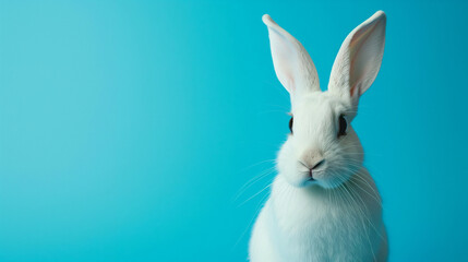 Obraz premium White rabbit with a blue background looking inquisitive.