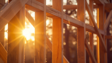 Obraz premium Sunlight streaming through the wooden frame of a house under construction.