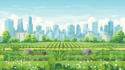 Obraz premium Urban landscape, green spaces for farming, flat design illustration, focus cover all object, deep dept of field