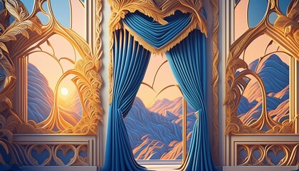 Elegant 3D Flex Wallpaper with Ornate Curtains"