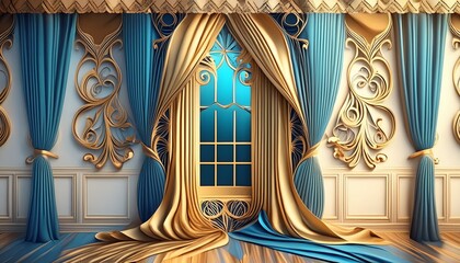 Elegant 3D Flex Wallpaper with Ornate Curtains"