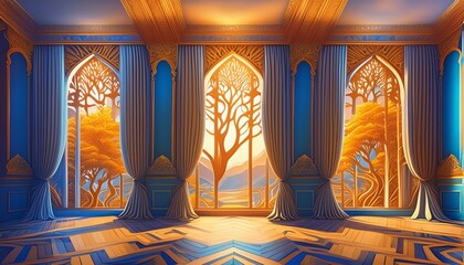 Elegant 3D Flex Wallpaper with Ornate Curtains"