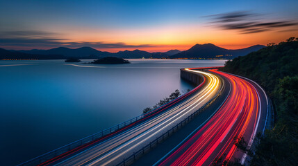 Long exposure of a highway bridge with colorful light trails at dusk.