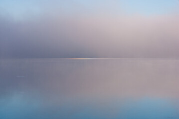blue lake in pink fog, nice autumn background