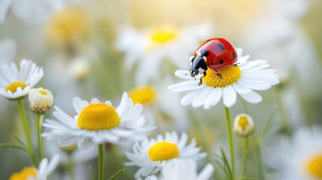 Close up photo of a red ladybug on a chamomile flower Symbolizing ecological awareness and sustainable agriculture