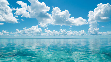 Fototapeta premium Clear blue ocean with reflections of fluffy white clouds in the sky.