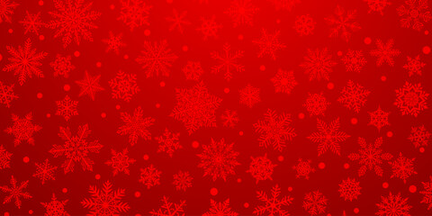 Christmas background of beautiful complex snowflakes in red colors. Winter illustration with falling snow.