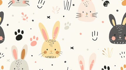 Cute seamless pattern with hand-drawn bunnies and paw prints in pastel colors, perfect for kids' products, textiles, and wallpapers.